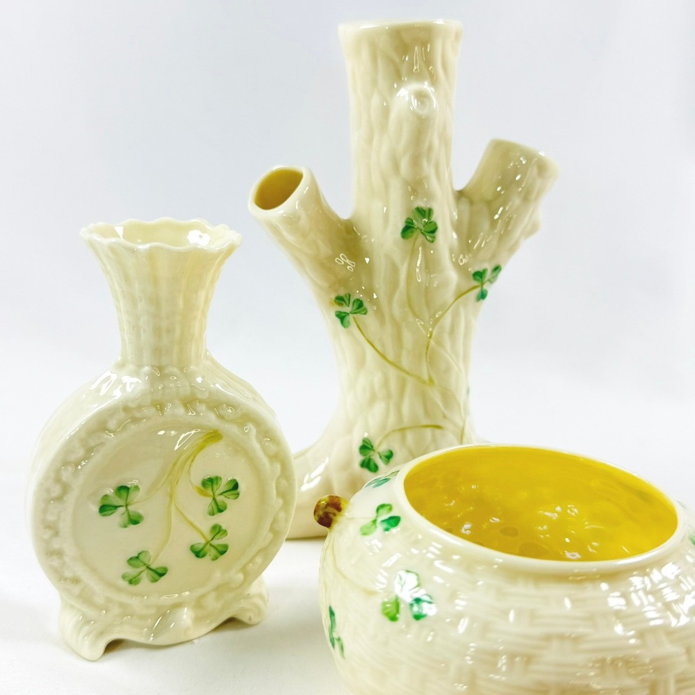 Belleek Ireland Shamrock Parian China 3 Piece Set Tree Trunk Basketweave Vases